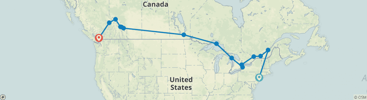 Image of a map showing the route of the tour