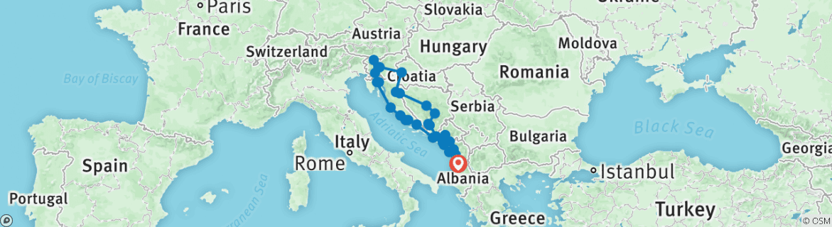 Image of a map showing the route of the tour