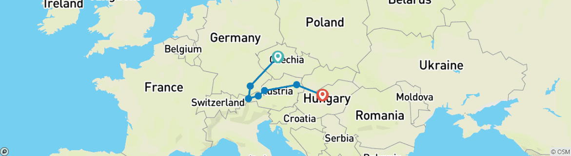 Image of a map showing the route of the tour