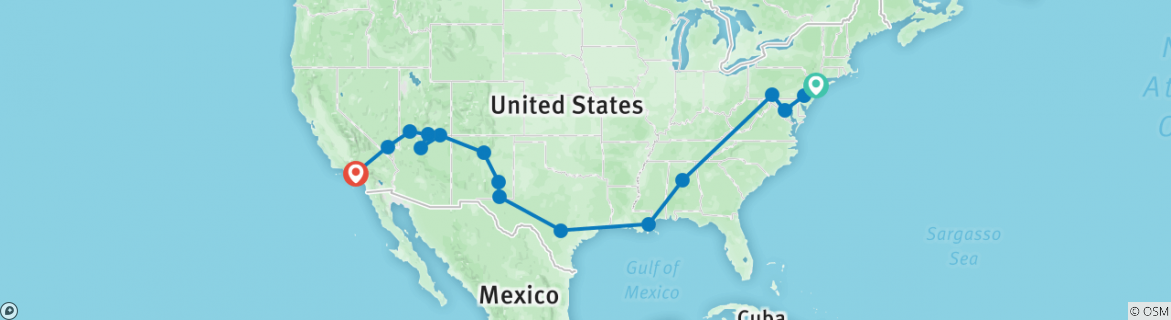 Image of a map showing the route of the tour