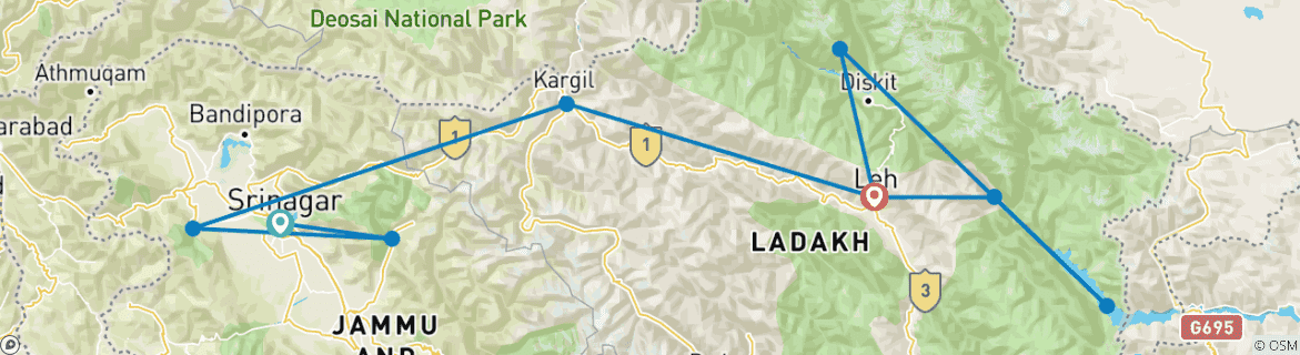 Mapa de El Paraíso en la Tierra - Explora las Maravillas de Ladakh y Cachemira en 10 Días