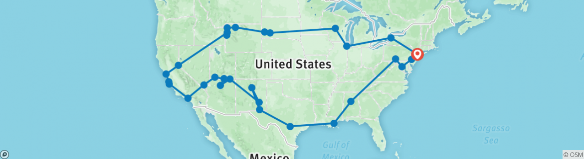 Image of a map showing the route of the tour
