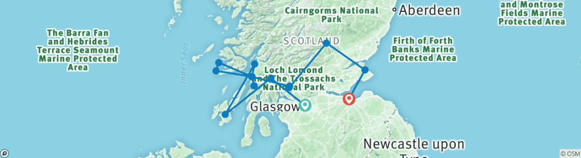Image of a map showing the route of the tour