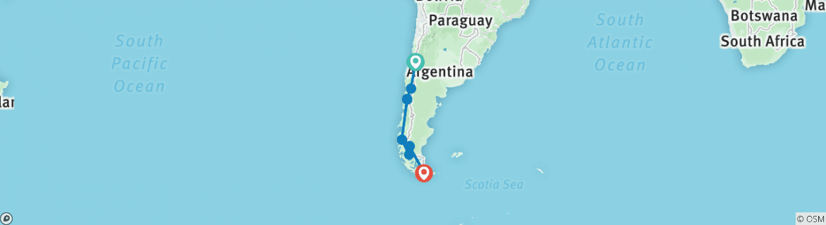 Image of a map showing the route of the tour