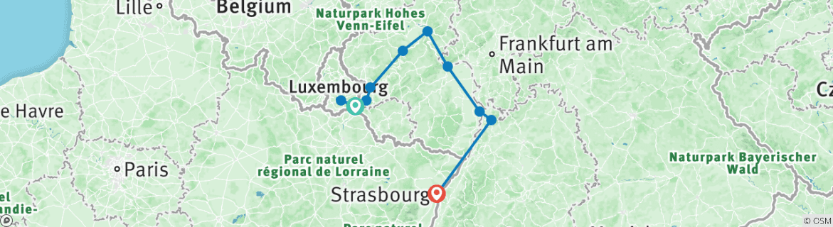 Image of a map showing the route of the tour
