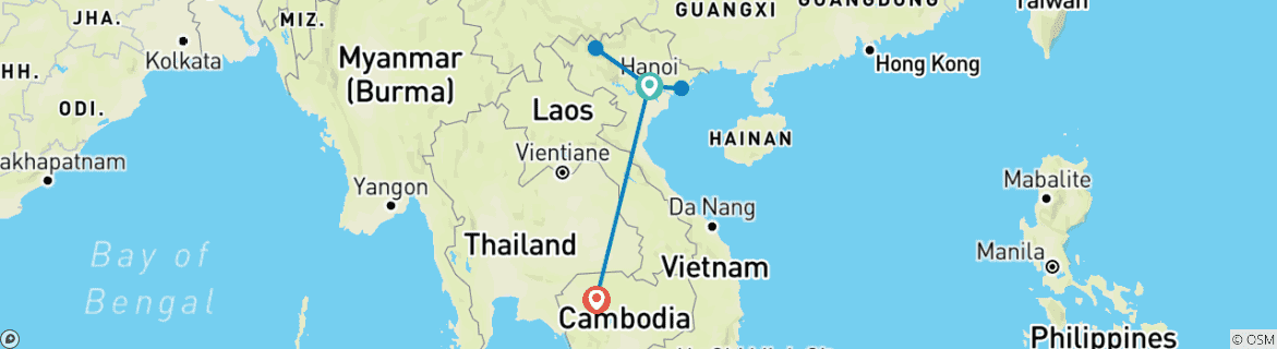 Image of a map showing the route of the tour