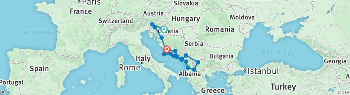 Image of a map showing the route of the tour