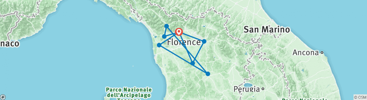 Image of a map showing the route of the tour