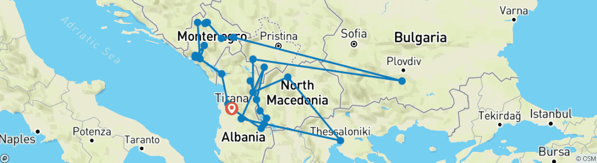 Image of a map showing the route of the tour