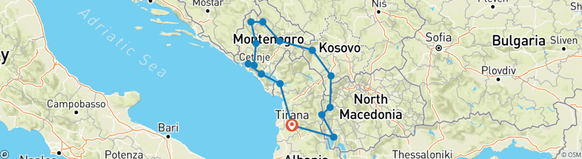 Image of a map showing the route of the tour
