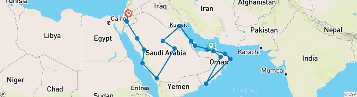 Image of a map showing the route of the tour