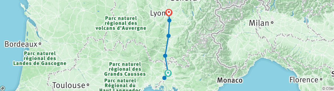 Image of a map showing the route of the tour