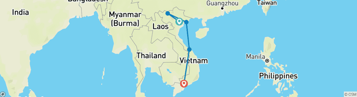 Image of a map showing the route of the tour
