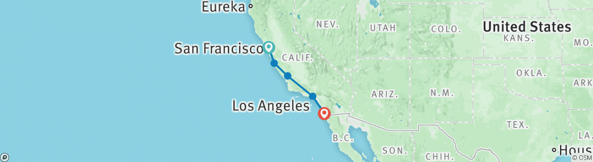 Image of a map showing the route of the tour