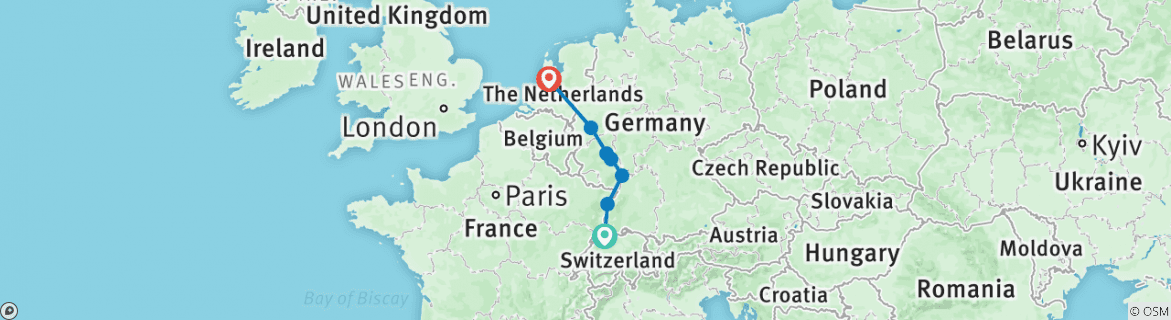 Image of a map showing the route of the tour