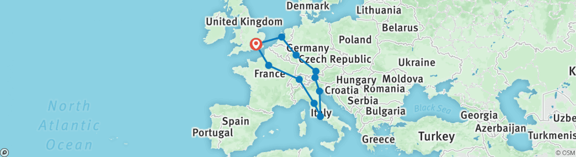 Image of a map showing the route of the tour