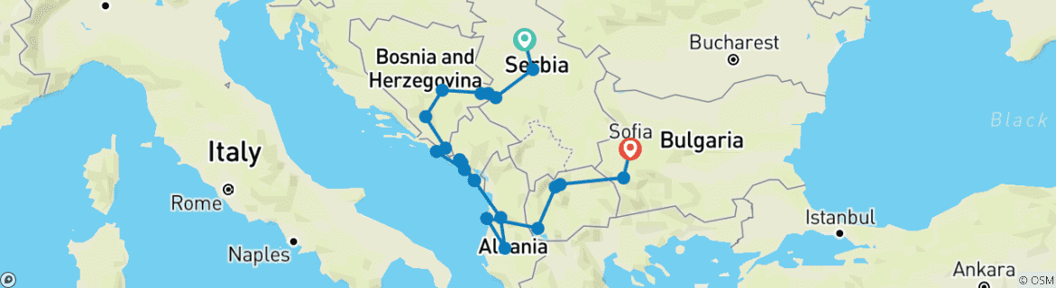 Image of a map showing the route of the tour