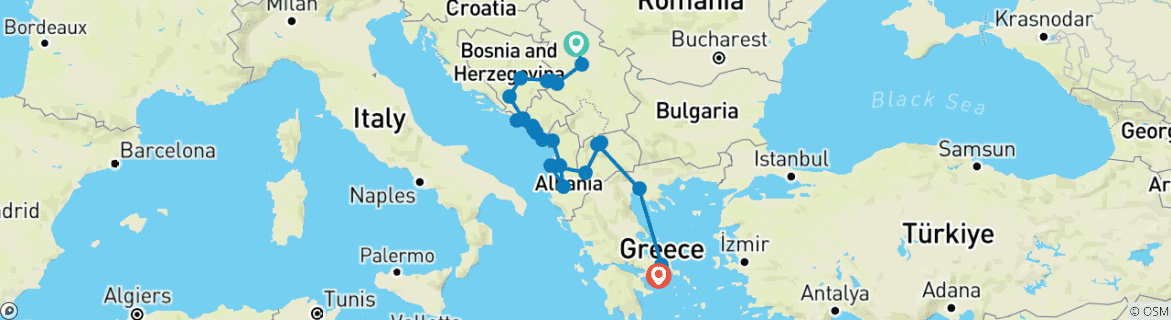 Image of a map showing the route of the tour