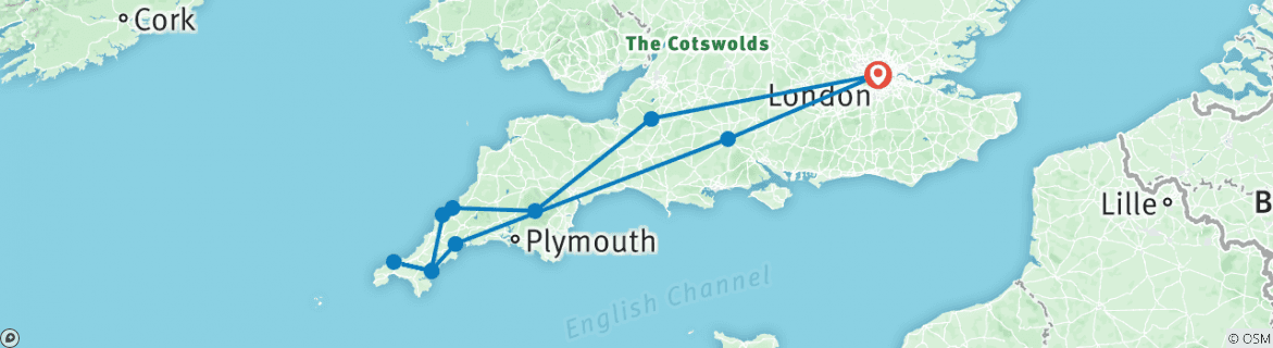 Image of a map showing the route of the tour