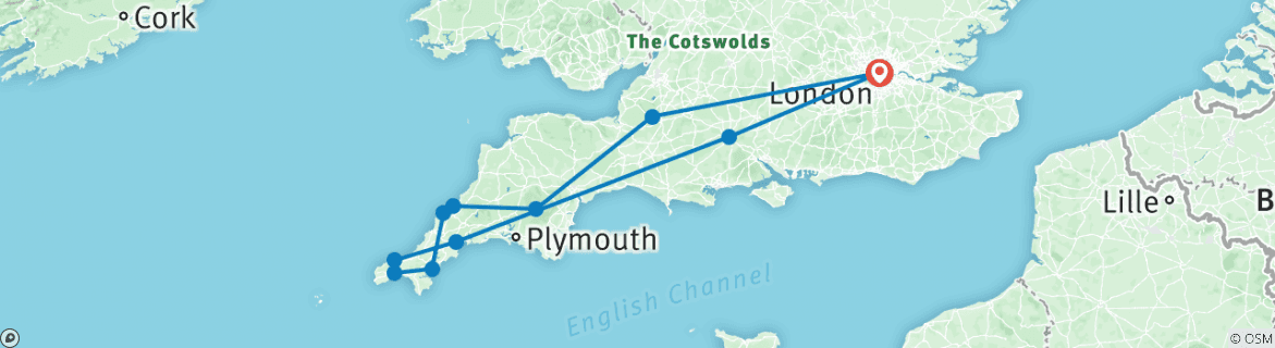 Image of a map showing the route of the tour