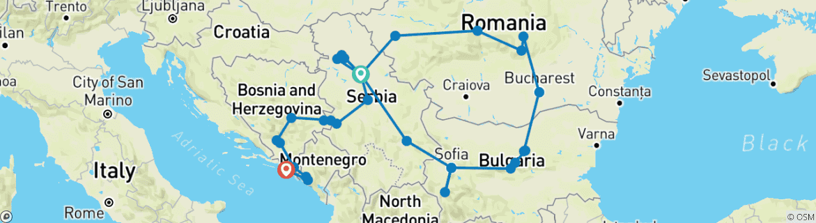 Image of a map showing the route of the tour