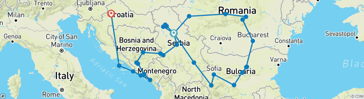 Image of a map showing the route of the tour