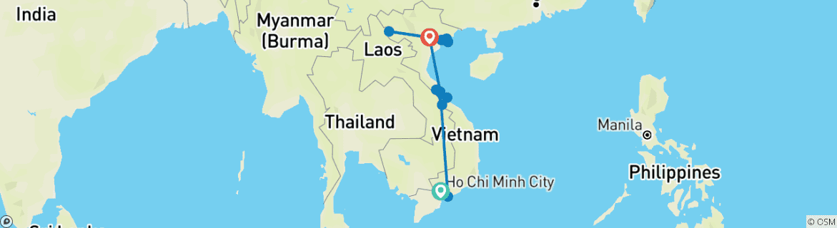 Image of a map showing the route of the tour