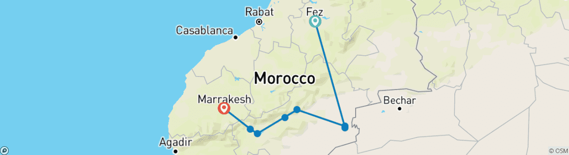 Image of a map showing the route of the tour