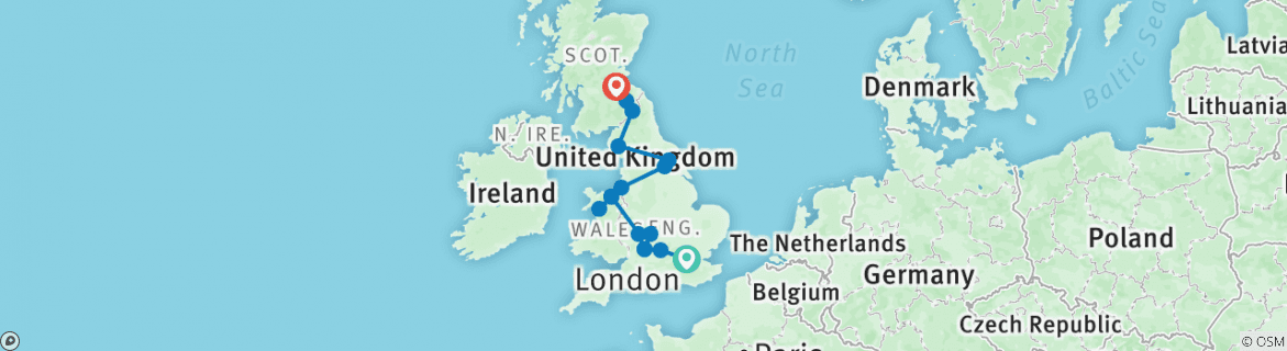 Image of a map showing the route of the tour