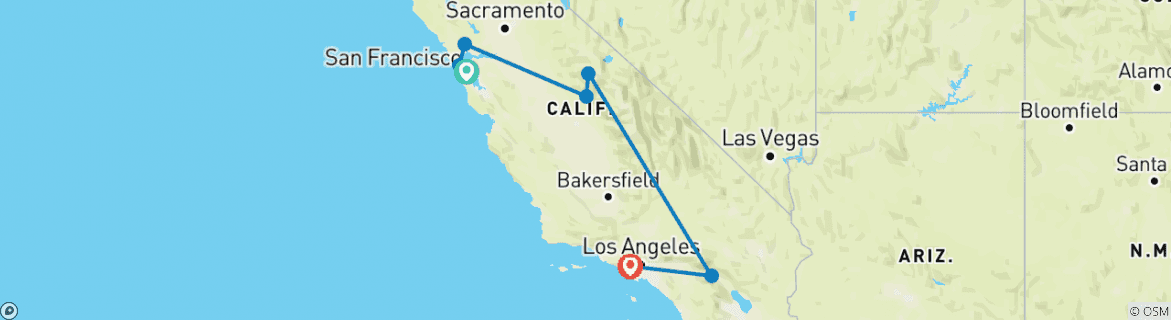 Image of a map showing the route of the tour