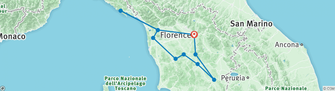 Image of a map showing the route of the tour