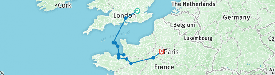 Image of a map showing the route of the tour
