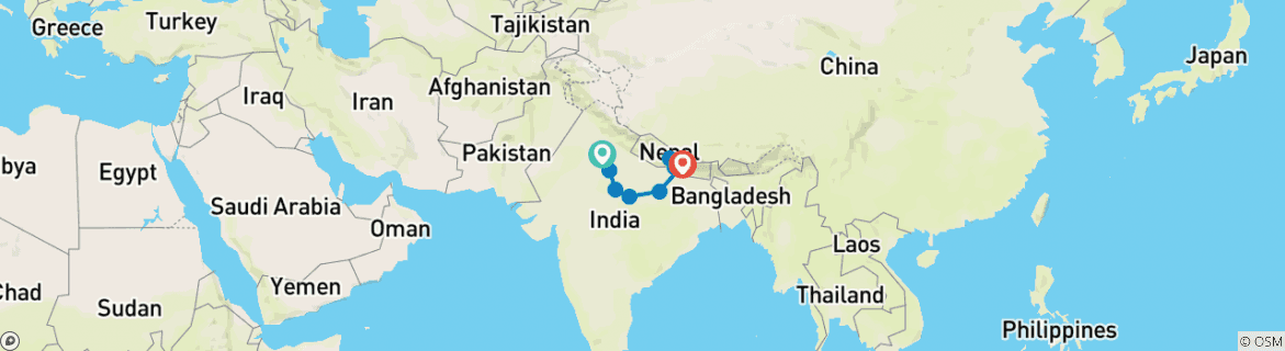 Image of a map showing the route of the tour