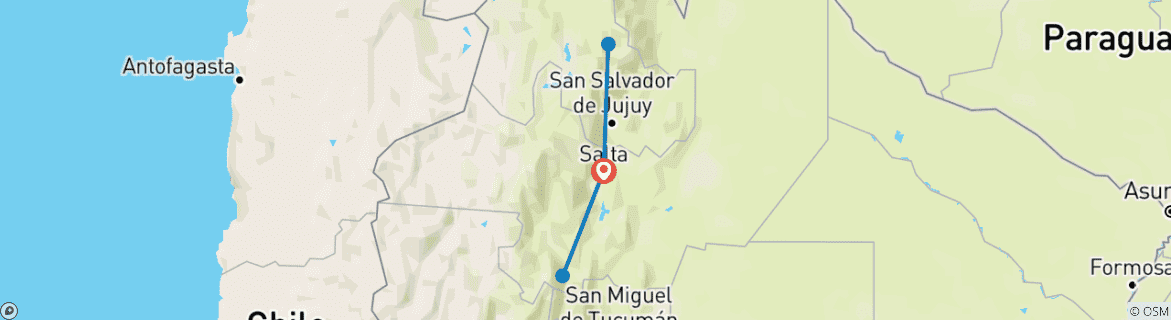 Image of a map showing the route of the tour