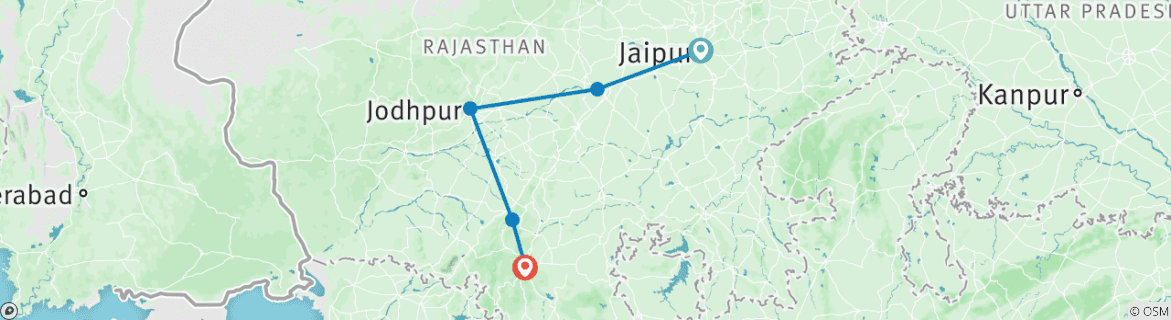 Image of a map showing the route of the tour