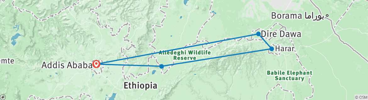 Image of a map showing the route of the tour