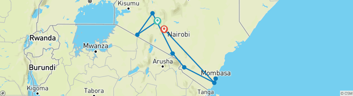 Carte du circuit 10 jours de safari de luxe dans le Masai Mara au Kenya - Excursion abordable dans la nature et à la plage