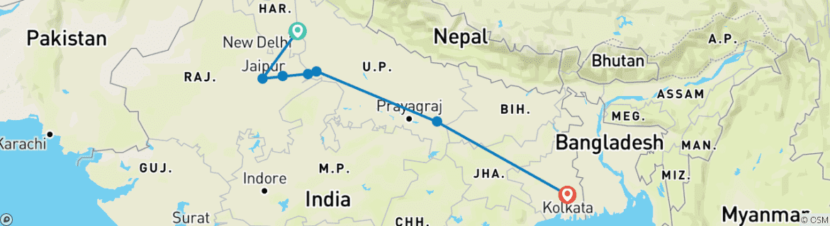 Image of a map showing the route of the tour