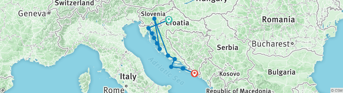 Image of a map showing the route of the tour