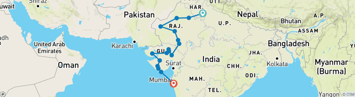 Image of a map showing the route of the tour