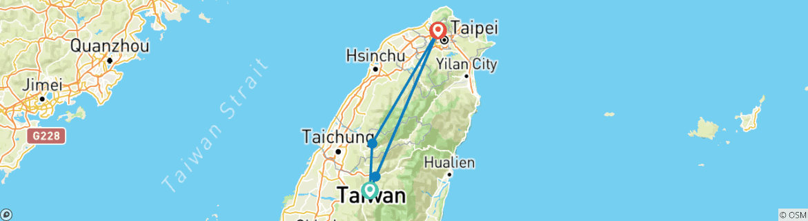 Image of a map showing the route of the tour