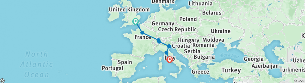 Image of a map showing the route of the tour