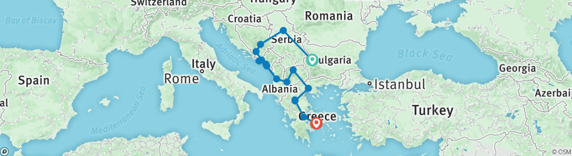 Image of a map showing the route of the tour