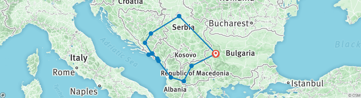 Image of a map showing the route of the tour