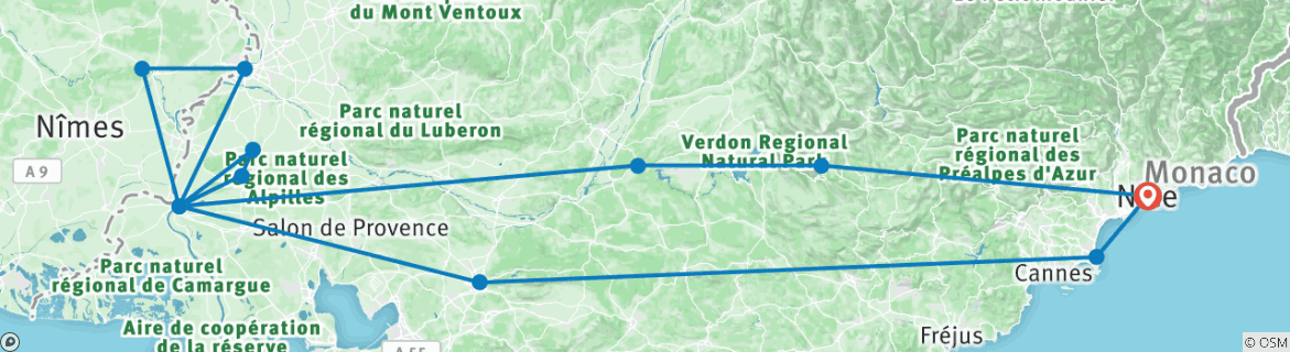 Image of a map showing the route of the tour