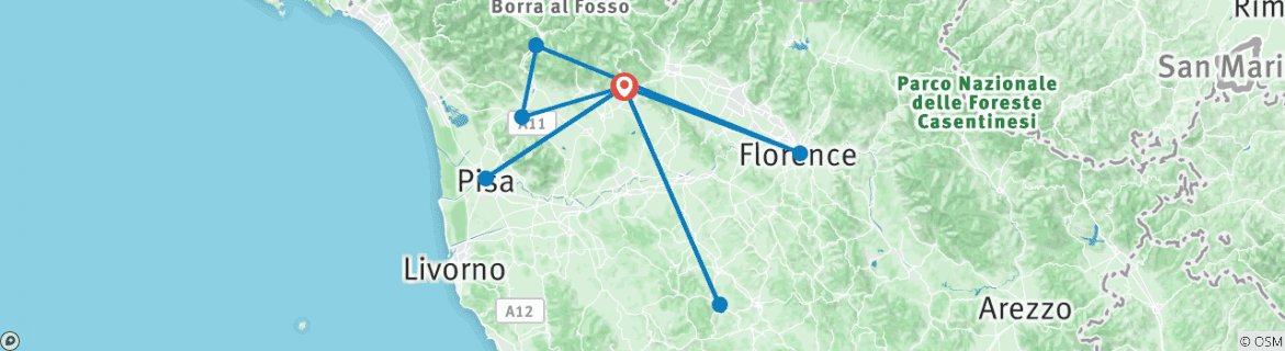 Image of a map showing the route of the tour