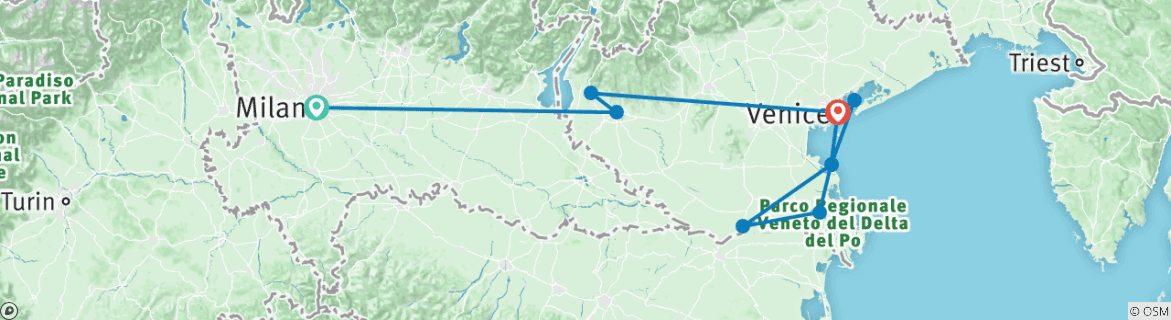 Image of a map showing the route of the tour