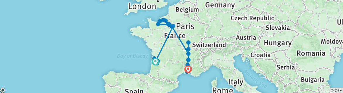 Image of a map showing the route of the tour