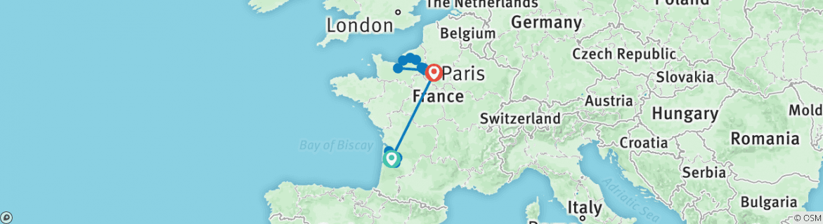 Image of a map showing the route of the tour