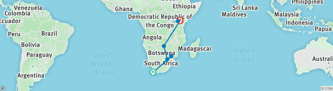 Image of a map showing the route of the tour